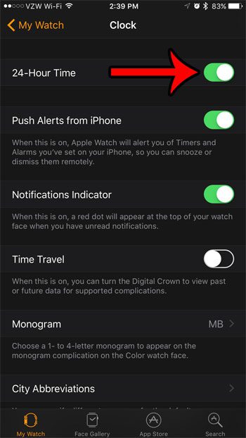 how to turn on the Apple Watch 24 hour time option