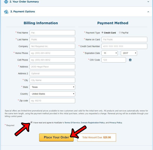 enter billing and credit card info to buy your domain name from hostgator