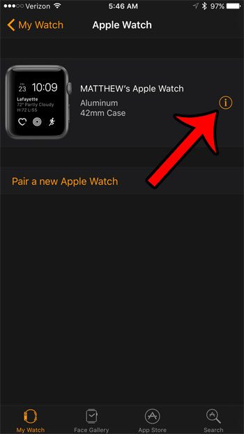 tap the info button to the right of the watch