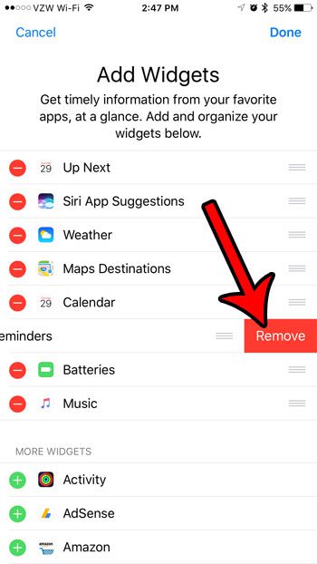 how to delete a widget on an iiPhone 7