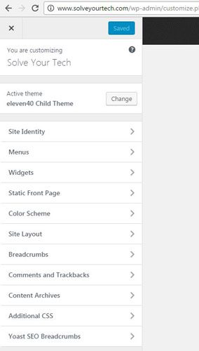 example of a WordPress theme customization menu