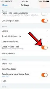 how to close private tabs when you exit in firefox on iphone