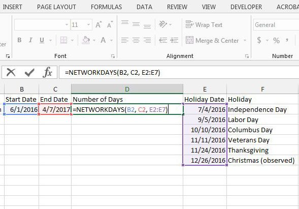 enter the formula to count the number of workdays