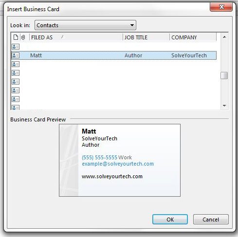 select and attach your vcard