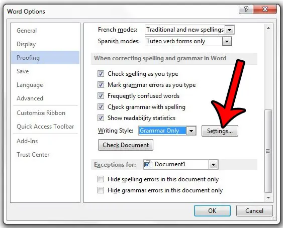 open the grammar settings menu