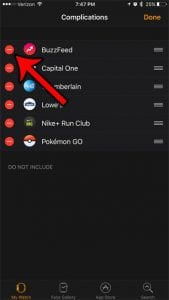 touch the red circle to the left of the apple watch complication to delete
