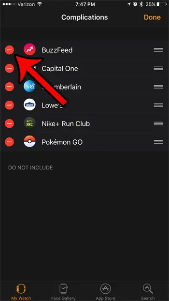 touch the red circle to the left of the apple watch complication to delete