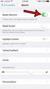 how to turn on the speak selection feature on an iphone 7