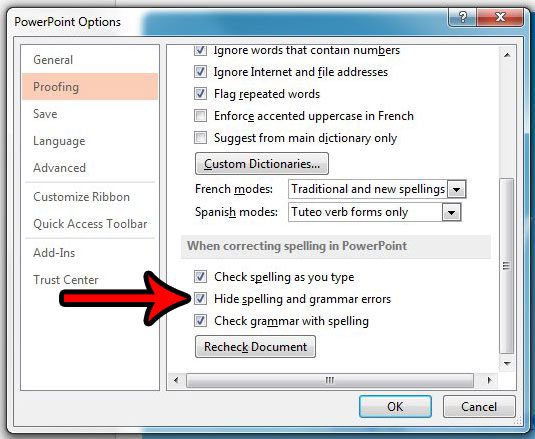 how to hide spelling and grammar errors in powerpoint 2013