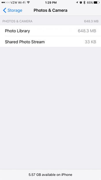 how to view iphone picture storage usage