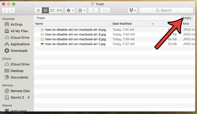 how to delete all the items in the macbook air trash