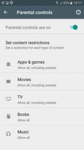 how to enable parental controls in the play store on galaxy on5