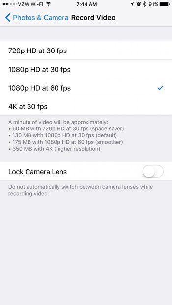 how to change recorded video resolution on iphone 7