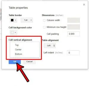 how to change cell vertical alignment in google docs