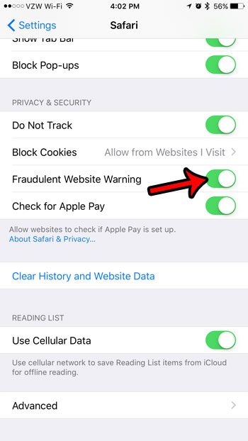 how to turn on the anti phishing filter on an iphone 7