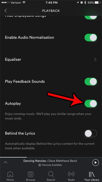 how to enable autoplay in spotify on an iphone 7