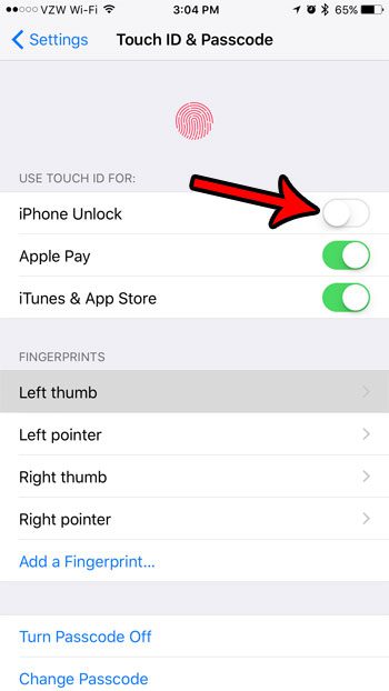how to disable touch id unlock on the iphone 7