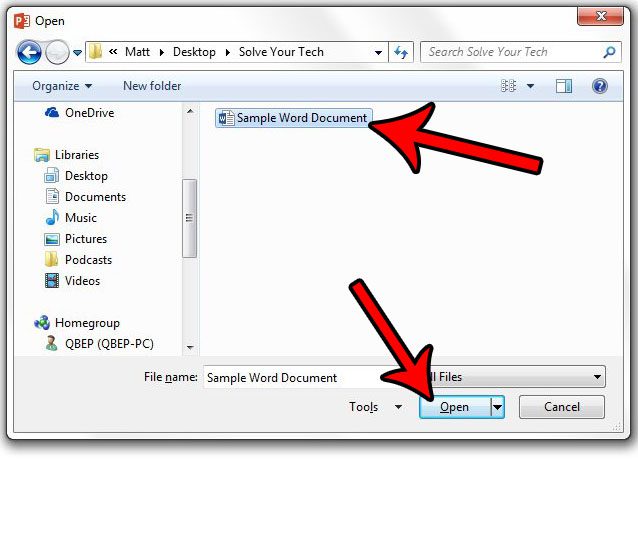 how to open a word document in powerpoint 2013