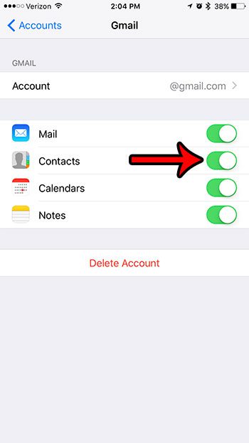 turn off contact sync for an iphone email address