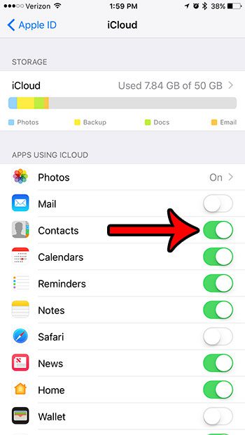 how to disable icloud contacts on iphone 7