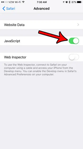 how to enable javascript in safari on iphone 7