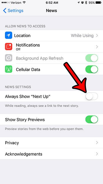 how to remove the next up link from the iphone news app