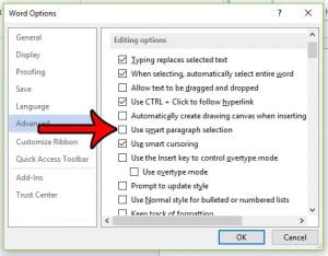 how to turn off smart paragraph selection in word 2013