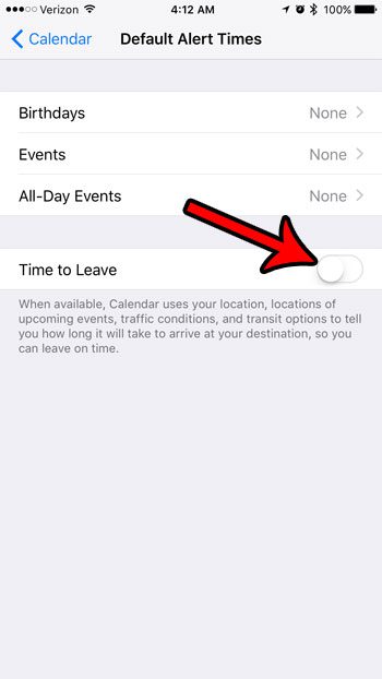 how to turn off time to leave alerts on iphone calendar