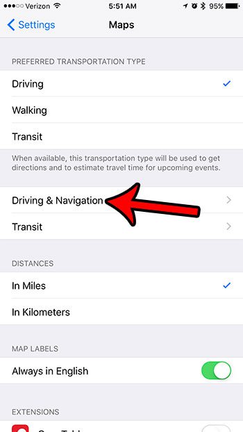 opn the driving and navigation menu in the maps section