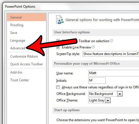 advanced tab in powerpoint options