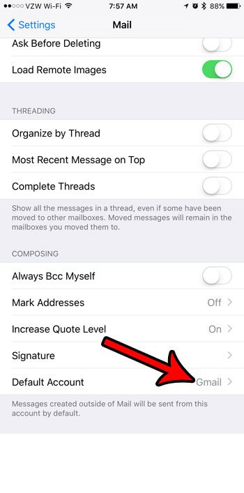 change the iphone default email account