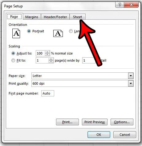 sheet tab on page setup menu