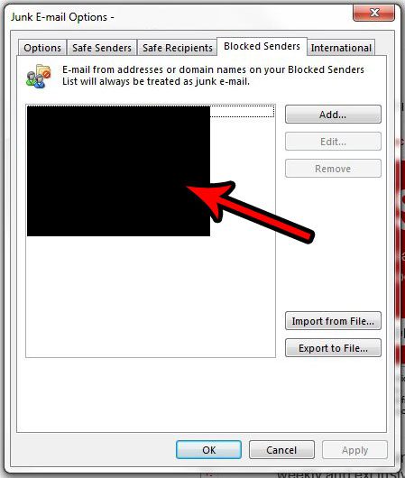 outlook 2013 blocked senders list