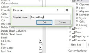 how to change name of ribbon tab in excel 2016