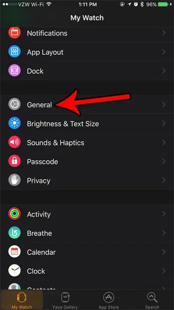 apple watch general menu