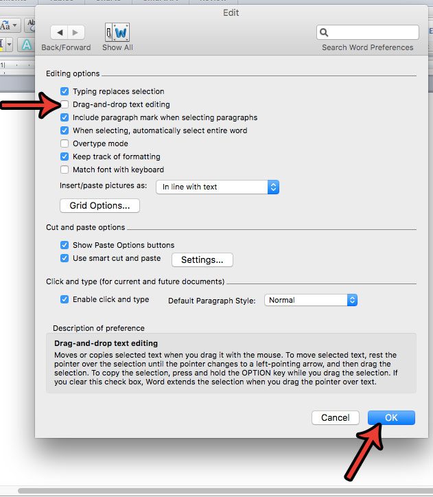 how to turn off drag and drop in word 2011