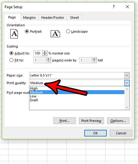 how to change print quality excel 2016