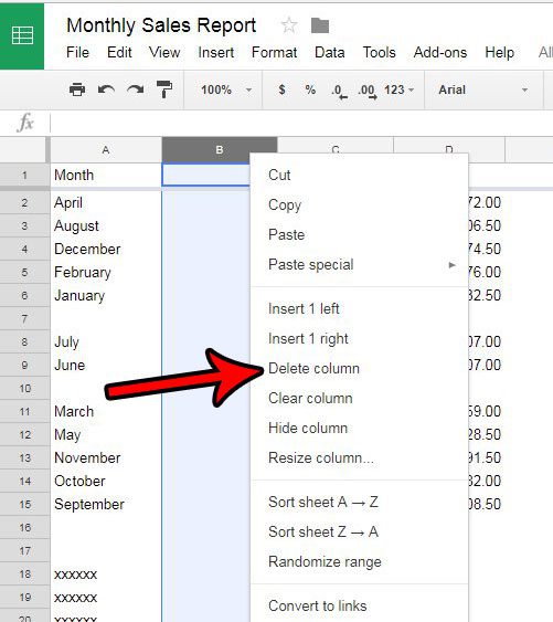 how to delete a column in google sheets