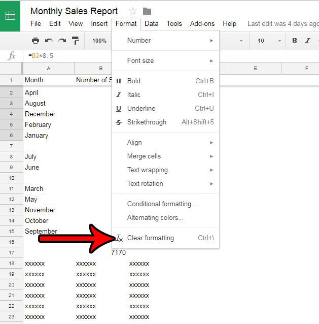 how to clear formatting in google sheets