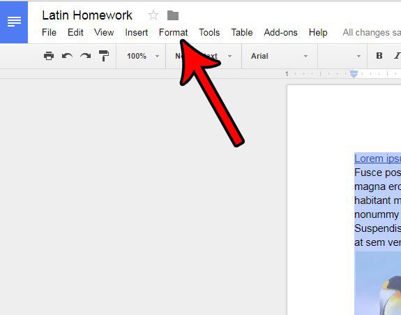 click the format tab in google docs