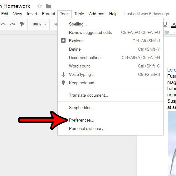 open the google docs preferences menu