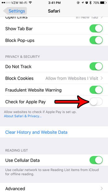 how to stop Apple Pay checks from Web pages in Safari