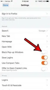 how allow pop ups firefox iphone