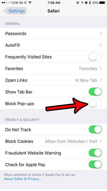 how to allow pop ups in safari on an iphone 7