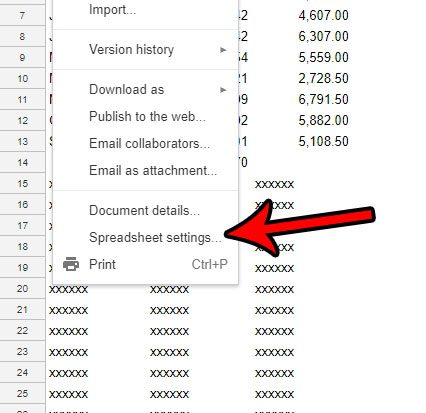 open the spreadsheet settings menu