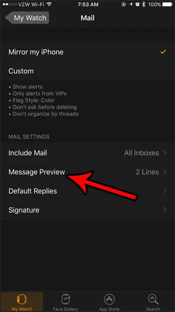 select the message previews option in the watch app