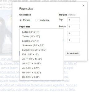 how to change paper size in google docs