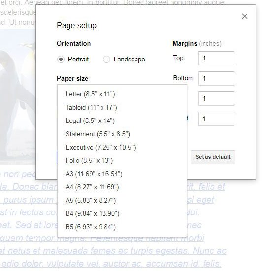 how to change paper size in google docs