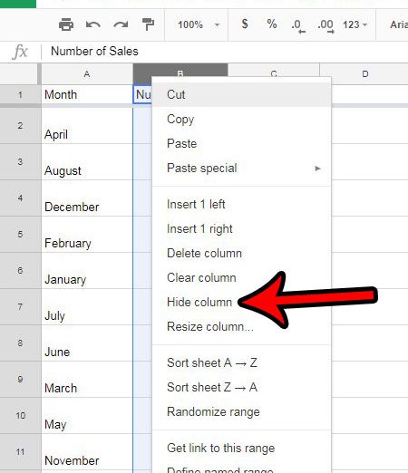 how to hide a column in google sheets