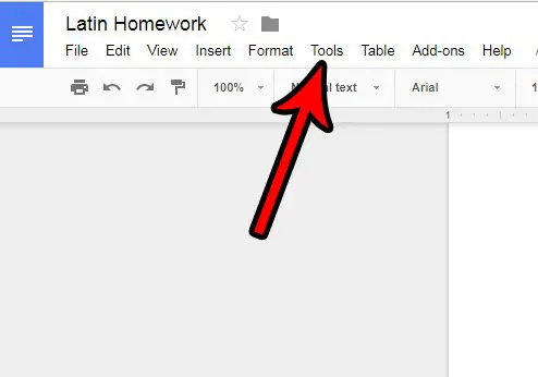 open the tools menu in google docs